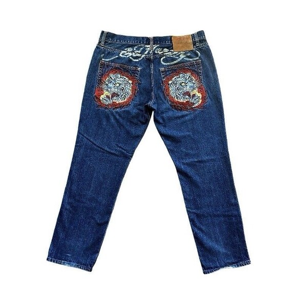 Y2K Ed Hardy Christian Audigier White Tiger Embroidered Button Fly Jeans